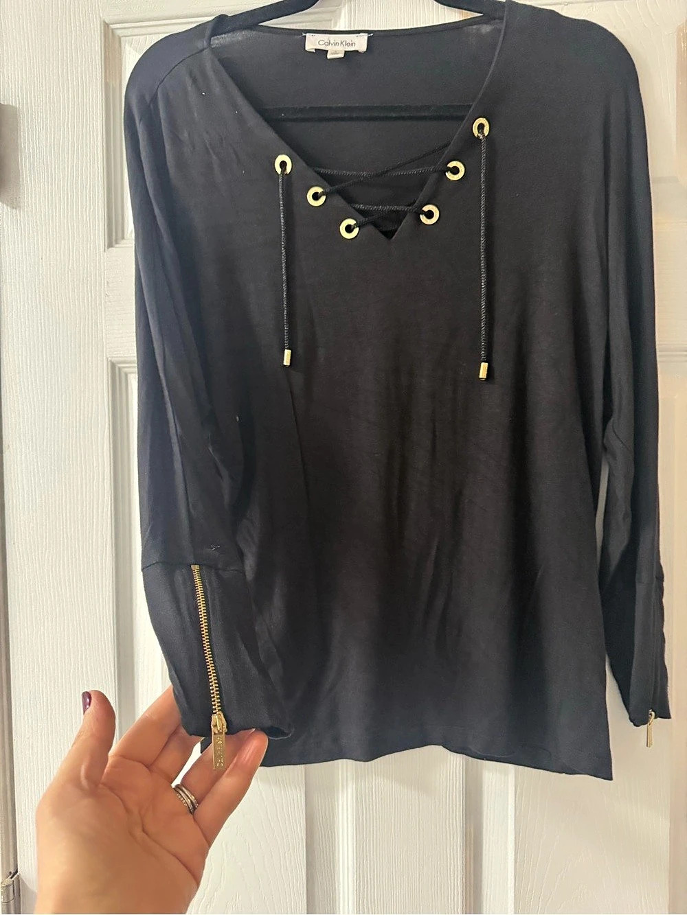 Calvin Klein Lace-Up Grommet V-Neck Top with Zip Cuffs Black Small